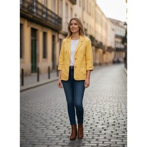 Chicos Marigold Yellow‎ 100% Cotton 3/4 Sleeve Button Front Blazer Jacket Size 1